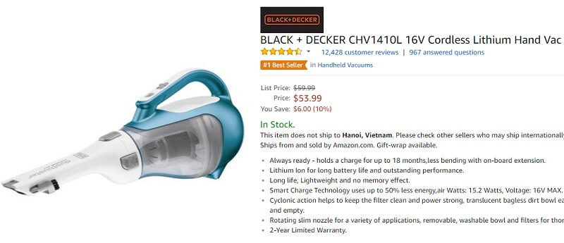 Black+Decker CHV1410L là dòng máy hút bụi bán chạy nhất trên Amazon