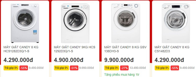 Nhiều sản phẩm máy giặt cửa ngang Candy giá rẻ